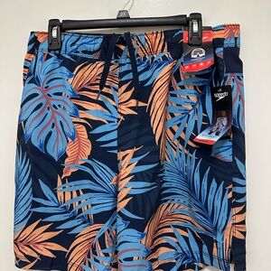 Speedo Men’s Navy Swim Shorts with Blue and Coral Tropical Print